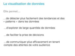 La visualisation de données
…de détecter plus facilement des tendances et des
« patterns » dans les données
…d’explorer de large quantités de données
Elle permet…
…de faciliter la prise de décisions
…de communiquer plus efﬁcacement en tenant
compte des attentes de votre audience
 