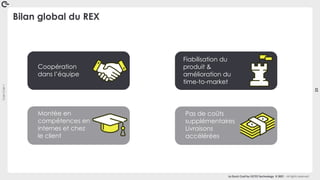 Coin
Coin
!
23
La Duck Conf by OCTO Technology © 2021 - All rights reserved
Bilan global du REX
Coopération
dans l’équipe
Montée en
compétences en
internes et chez
le client
Fiabilisation du
produit &
amélioration du
time-to-market
Pas de coûts
supplémentaires
Livraisons
accélérées
 