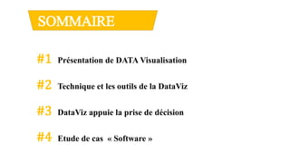 SOMMAIRE
#1 Présentation de DATA Visualisation
#2 Technique et les outils de la DataViz
#3 DataViz appuie la prise de décision
#4 Etude de cas « Software »
 