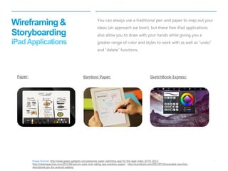 14 
| 
Wireframing & Storyboarding iPad Applications 
Bamboo Paper: 
SketchBook Express: 
Paper: 
Image Sources: http://www.geeky-gadgets.com/awesome-paper-sketching-app-for-the-ipad-video-30-03-2012/ , http://obamapacman.com/2011/06/wacom-ipad-note-taking-app-bamboo-paper/ , http://eurodroid.com/2011/07/19/autodesk-launches- sketchbook-pro-for-android-tablets/ 
You can always use a traditional pen and paper to map out your ideas (an approach we love!), but these free iPad applications also allow you to draw with your hands while giving you a greater range of color and styles to work with as well as “undo” and “delete” functions.  
