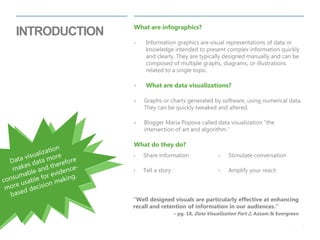3 
| 
INTRODUCTION 
What are infographics? 
›Information graphics are visual representations of data or knowledge intended to present complex information quickly and clearly. They are typically designed manually and can be composed of multiple graphs, diagrams, or illustrations related to a single topic. 
›What are data visualizations? 
›Graphs or charts generated by software, using numerical data. They can be quickly tweaked and altered. 
›Blogger Maria Popova called data visualization “the intersection of art and algorithm.” 
What do they do? 
›Share information 
›Tell a story 
›Stimulate conversation 
›Amplify your reach 
“Well designed visuals are particularly effective at enhancing recall and retention of information in our audiences.” 
– pg. 18, Data Visualization Part 2, Azzam & Evergreen  