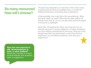 6 
| 
So many resources! How will I choose? 
This deck was designed as an overview of the various tools and best practices that are available across a number of different dimensions of building data visualizations. 
Understandably, that might feel a bit overwhelming. What tool best meets my needs? What tool do other staff at JSI already know how to use, so I can get some technical support if encounter a challenge? 
Never fear. Throughout this deck, we’ve put stars on our favorite resources in various categories, in hopes of keeping you from feeling overwhelmed by resources. Note that many people have their own preferences, so don’t be afraid to experiment, try out different platforms, and share your experiences! 
Have your own resources to add, recommendations to share, or other feedback? Please don’t hesitate to contact Amanda Makulec with questions, ideas, or suggestions.  