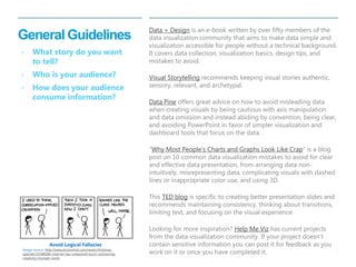 9 
| 
General Guidelines 
Data + Design is an e-book written by over fifty members of the data visualization community that aims to make data simple and visualization accessible for people without a technical background. It covers data collection, visualization basics, design tips, and mistakes to avoid. 
Visual Storytelling recommends keeping visual stories authentic, sensory, relevant, and archetypal. 
Data Pine offers great advice on how to avoid misleading data when creating visuals by being cautious with axis manipulation and data omission and instead abiding by convention, being clear, and avoiding PowerPoint in favor of simpler visualization and dashboard tools that focus on the data. . 
“Why Most People’s Charts and Graphs Look Like Crap” is a blog post on 10 common data visualization mistakes to avoid for clear and effective data presentation, from arranging data non- intuitively, misrepresenting data, complicating visuals with dashed lines or inappropriate color use, and using 3D. 
This TED blog is specific to creating better presentation slides and recommends maintaining consistency, thinking about transitions, limiting text, and focusing on the visual experience. 
Looking for more inspiration? Help Me Viz has current projects from the data visualization community. If your project doesn’t contain sensitive information you can post it for feedback as you work on it or once you have completed it. 
›What story do you want to tell? 
›Who is your audience? 
›How does your audience consume information? 
Avoid Logical Fallacies 
Image source: http://www.economist.com/news/christmas- specials/21568586-internet-has-unleashed-burst-cartooning- creativity-triumph-nerds  