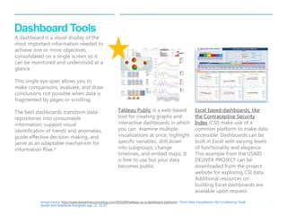 | 19 
Dashboard Tools 
Excel based dashboards, like 
the Contraceptive Security 
Index (CSI) make use of a 
common platfor...