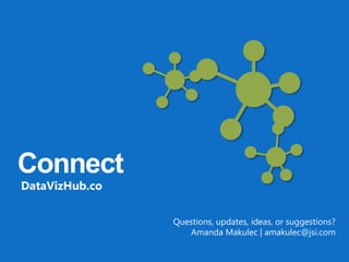 Connect 
DataVizHub.co 
Questions, updates, ideas, or suggestions? 
Amanda Makulec | amakulec@jsi.com 