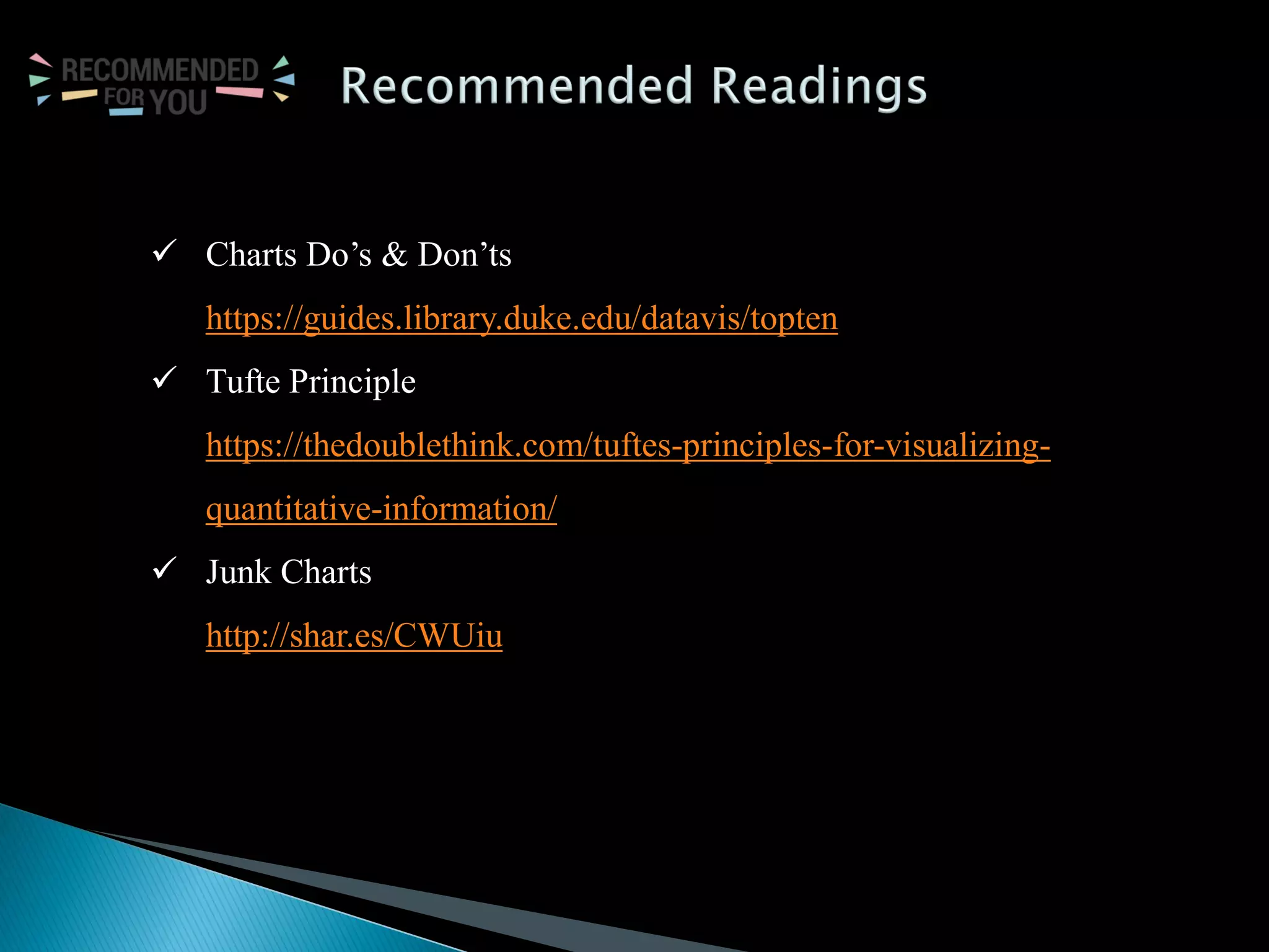  Charts Do’s & Don’ts
https://guides.library.duke.edu/datavis/topten
 Tufte Principle
https://thedoublethink.com/tuftes-principles-for-visualizing-
quantitative-information/
 Junk Charts
http://shar.es/CWUiu
 
