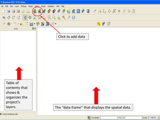 Click to add data

Table of
contents that
shows &
organizes the
project’s
layers.

The “data frame” that displays the spatial data.

 