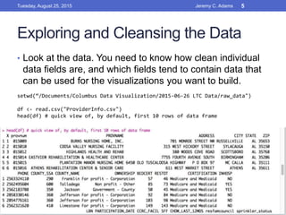 Exploring and Cleansing the Data
• Look at the data. You need to know how clean individual
data fields are, and which fields tend to contain data that
can be used for the visualizations you want to build.
setwd(“/Documents/Columbus Data Visualization/2015-06-26 LTC Data/raw_data")
df <- read.csv("ProviderInfo.csv")
head(df) # quick view of, by default, first 10 rows of data frame
Tuesday, August 25, 2015 Jeremy C. Adams 5
 