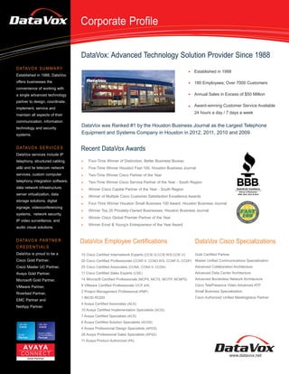 Corporate Profile

                                  DataVox: Advanced Technology Solution Provider Since 1988
D ATAV O X S U M M A R Y
                                                                                                     Established in 1988
Established in 1988, DataVox
offers businesses the                                                                                180 Employees; Over 7000 Customers
convenience of working with
a single advanced technology                                                                         Annual Sales in Excess of $50 Million
partner to design, coordinate,
                                                                                                     Award-winning Customer Service Available
implement, service and
maintain all aspects of their
                                                                                                     24 hours a day / 7 days a week

communication, information
technology and security
                                  DataVox was Ranked #1 by the Houston Business Journal as the Largest Telephone
systems.                          Equipment and Systems Company in Houston in 2012, 2011, 2010 and 2009


D ATAV O X S E R V I C E S        Recent DataVox Awards
DataVox services include IP
telephony, structured cabling,        Four-Time Winner of Distinction, Better Business Bureau
at&t and tw telecom network           Five-Time Winner Houston Fast 100, Houston Business Journal
services, custom computer             Two-Time Winner Cisco Partner of the Year
telephony integration software,       Two-Time Winner Cisco Service Partner of the Year - South Region
data network infrastructure,          Winner Cisco Capital Partner of the Year - South Region
server virtualization, data
                                      Winner of Multiple Cisco Customer Satisfaction Excellence Awards
storage solutions, digital
                                      Four-Time Winner Houston Small Business 100 Award, Houston Business Journal
signage, videoconferencing
                                      Winner Top 25 Privately-Owned Businesses, Houston Business Journal
systems, network security,
                                      Winner Cisco Global Premier Partner of the Year
IP video surveillance, and
                                      Winner Ernst & Young’s Entrepreneur of the Year Award
audio visual solutions.


D ATAV O X PA R T N E R           DataVox Employee Certifications                                    DataVox Cisco Specializations
CREDENTIALS
DataVox is proud to be a          10 Cisco Certified Internetwork Experts (CCIE-S,CCIE-R/S,CCIE-V)   Gold Certified Partner
Cisco Gold Partner,               20 Cisco Certified Professionals (CCNP-V, CCNO-R/S, CCNP-S, CCDP) Master Unified Communications Specialization
Cisco Master UC Partner,          25 Cisco Certified Associates (CCNA, CCNA-V, CCDA)                 Advanced Collaboration Architecture
Avaya Gold Partner,               11 Cisco Certified Sales Experts (CSE)                             Advanced Data Center Architecture

Microsoft Gold Partner,           14 Microsoft Certified Professionals (MCPS, MCTS, MCITP, MCNPS)    Advanced Borderless Network Architecture

VMware Partner,                   9 VMware Certified Professionals (VCP 4/5)                         Cisco TelePresence Video Advanced ATP
                                  2 Project Management Professional (PMP)                            Small Business Specialization
Riverbed Partner,
                                  1 BICSI RCDD                                                       Cisco Authorized Unified Meetingplace Partner
EMC Partner and
                                  4 Avaya Certified Associates (ACA)
NetApp Partner.
                                  10 Avaya Certified Implementation Specialists (ACIS)
                                  7 Avaya Certified Specialists (ACS)
                                  6 Avaya Certified Solution Specialists (ACSS)
                                  4 Avaya Professional Design Specialists (APDS)
                                  28 Avaya Professional Sales Specialists (APSS)
                                  11 Avaya Product Authorized (PA)



                                                                                                                          www.datavox.net
 