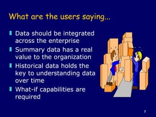 What are the users saying... <ul><li>Data should be integrated across the enterprise </li></ul><ul><li>Summary data has a ...