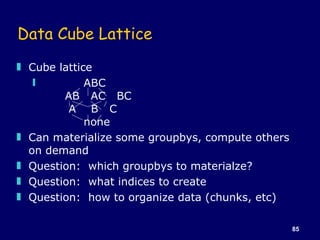 Data Cube Lattice <ul><li>Cube lattice </li></ul><ul><ul><li>ABC   AB  AC  BC   A  B  C   none </li></ul></ul><ul><li>Can ...