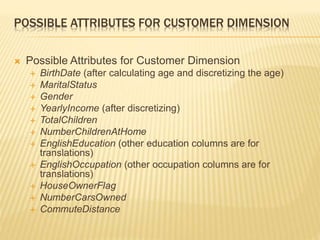 POSSIBLE ATTRIBUTES FOR CUSTOMER DIMENSION
 Possible Attributes for Customer Dimension
 BirthDate (after calculating age and discretizing the age)
 MaritalStatus
 Gender
 YearlyIncome (after discretizing)
 TotalChildren
 NumberChildrenAtHome
 EnglishEducation (other education columns are for
translations)
 EnglishOccupation (other occupation columns are for
translations)
 HouseOwnerFlag
 NumberCarsOwned
 CommuteDistance
 