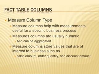 FACT TABLE COLUMNS
 Measure Column Type
 Measure columns help with measurements
useful for a specific business process
 Measures columns are usually numeric
 And can be aggregated
 Measure columns store values that are of
interest to business such as
 sales amount, order quantity, and discount amount
 