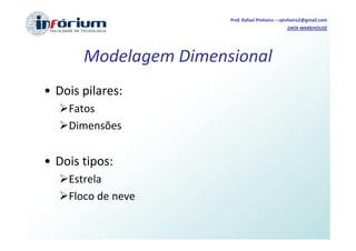 Prof. Rafael Pinheiro – rpinheiro2@gmail.com
                                                DATA WAREHOUSE




       Modelagem Dimensional
• Dois pilares:
    Fatos
    Dimensões


• Dois tipos:
    Estrela
    Floco de neve
 