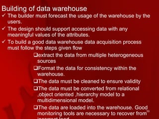 Building of data warehouse <ul><li>The builder must forecast the usage of the warehouse by the users. </li></ul><ul><li>Th...