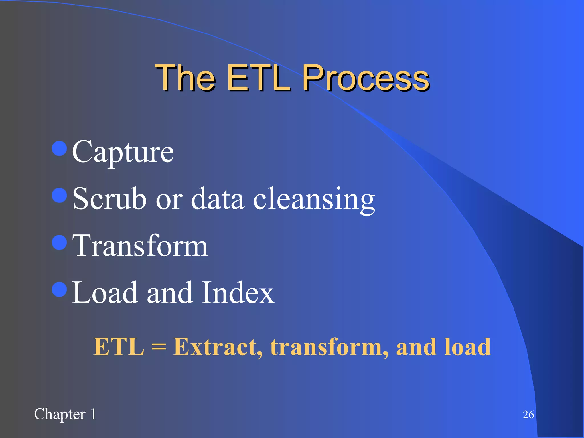 The ETL Process Capture Scrub or data cleansing Transform Load and Index ETL = Extract, transform, and load 