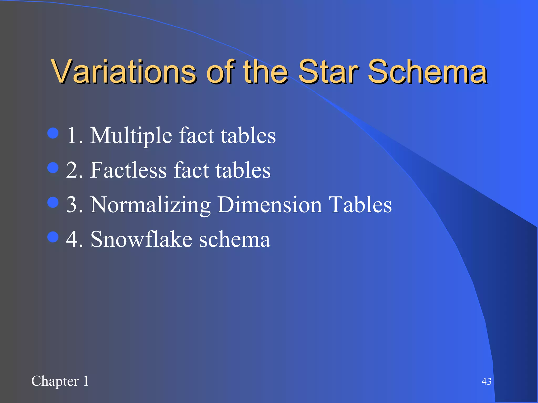 Variations of the Star Schema 1. Multiple fact tables 2. Factless fact tables 3. Normalizing Dimension Tables 4. Snowflake schema 