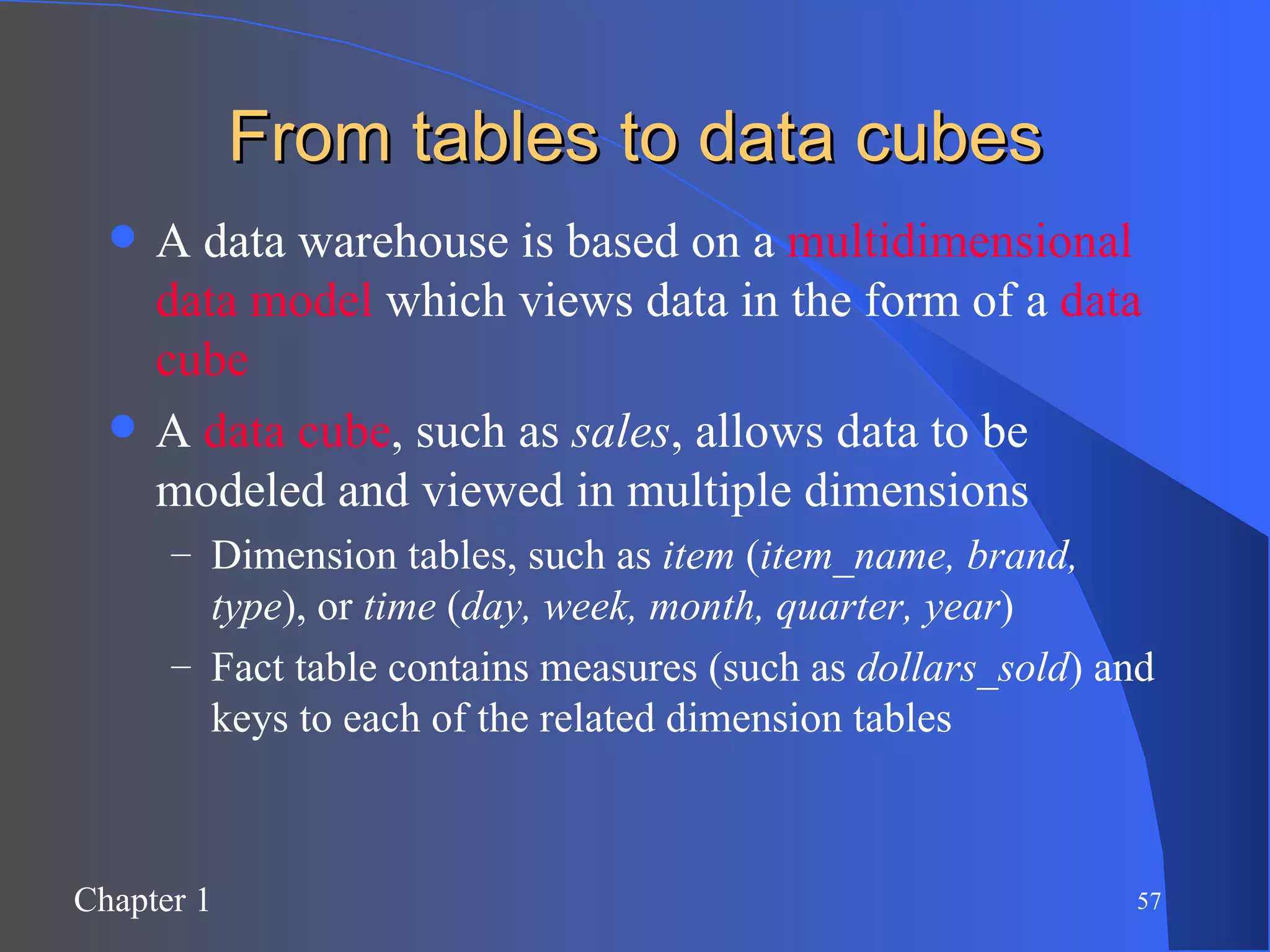 From tables to data cubes A data warehouse is based on a  multidimensional data model  which views data in the form of a  data cube A  data cube , such as  sales , allows data to be modeled and viewed in multiple dimensions Dimension tables, such as  item  ( item_name, brand, type ), or  time  ( day, week, month, quarter, year )  Fact table contains measures (such as  dollars_sold ) and keys to each of the related dimension tables 