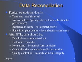 Data Reconciliation Typical operational data is: Transient – not historical Not normalized (perhaps due to denormalization for performance) Restricted in scope – not comprehensive Sometimes poor quality – inconsistencies and errors After ETL, data should be: Detailed – not summarized yet Historical – periodic Normalized – 3 rd  normal form or higher Comprehensive – enterprise-wide perspective Quality controlled – accurate with full integrity 