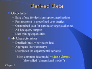 Derived Data Objectives Ease of use for decision support applications Fast response to predefined user queries Customized data for particular target audiences Ad-hoc query support Data mining capabilities    Characteristics Detailed (mostly periodic) data Aggregate (for summary) Distributed (to departmental servers) Most common data model =  star schema (also called “dimensional model”) 