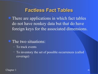 Factless Fact Tables There are applications in which fact tables do not have nonkey data but that do have foreign keys for the associated dimensions. The two situations: To track events To inventory the set of possible occurrences   (called coverage) 