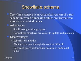 Snowflake schema Snowflake schema  is an expanded version of a star schema in which dimension tables are normalized into several related tables. Advantages Small saving in storage space Normalized structures are easier to update and maintain Disadvantages Schema less intuitive  Ability to browse through the content difficult Degraded query performance because of additional joins. 