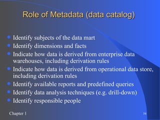 Role of Metadata (data catalog) Identify subjects of the data mart Identify dimensions and facts Indicate how data is derived from enterprise data warehouses, including derivation rules Indicate how data is derived from operational data store, including derivation rules Identify available reports and predefined queries Identify data analysis techniques (e.g. drill-down) Identify responsible people 