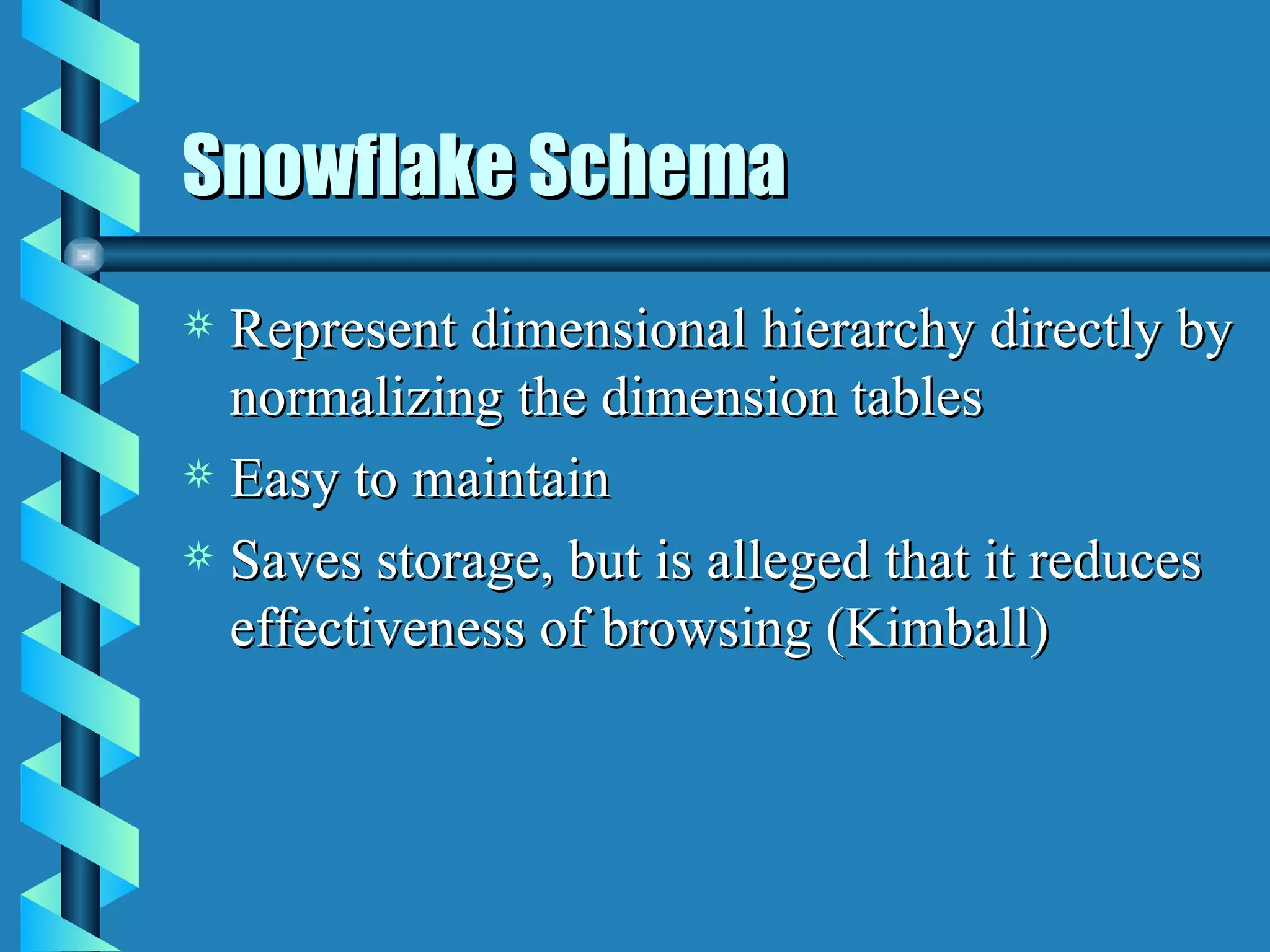 Snowflake Schema Represent dimensional hierarchy directly by normalizing the dimension tables Easy to maintain Saves storage, but is alleged that it reduces effectiveness of browsing (Kimball) 