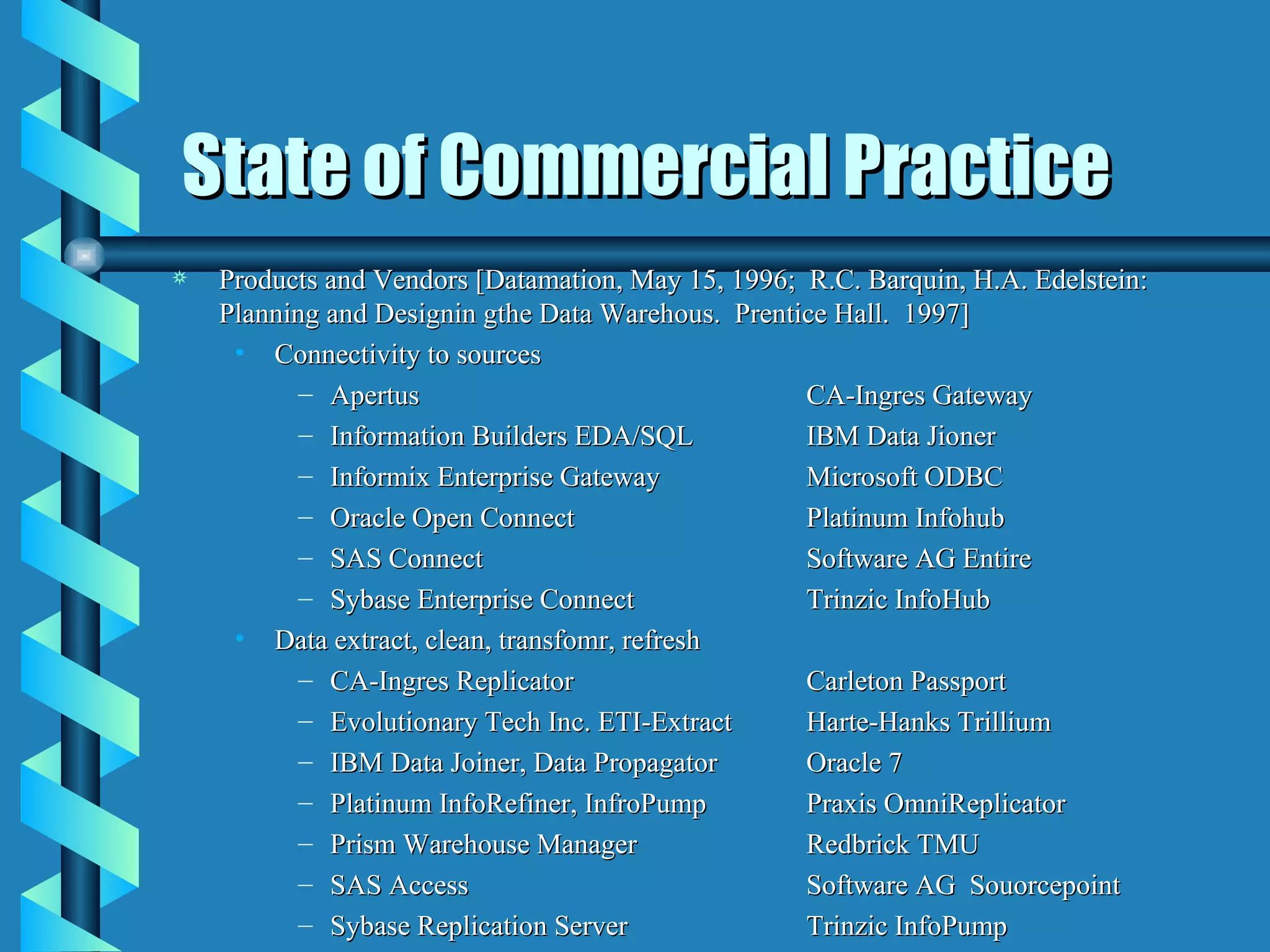 State of Commercial Practice Products and Vendors [Datamation, May 15, 1996;  R.C. Barquin, H.A. Edelstein:  Planning and Designin gthe Data Warehous.  Prentice Hall.  1997] Connectivity to sources Apertus CA-Ingres Gateway Information Builders EDA/SQL IBM Data Jioner Informix Enterprise Gateway Microsoft ODBC Oracle Open Connect Platinum Infohub SAS Connect Software AG Entire Sybase Enterprise Connect Trinzic InfoHub Data extract, clean, transfomr, refresh CA-Ingres Replicator Carleton Passport Evolutionary Tech Inc. ETI-Extract Harte-Hanks Trillium IBM Data Joiner, Data Propagator Oracle 7 Platinum InfoRefiner, InfroPump Praxis OmniReplicator Prism Warehouse Manager Redbrick TMU SAS Access Software AG  Souorcepoint Sybase Replication Server Trinzic InfoPump 