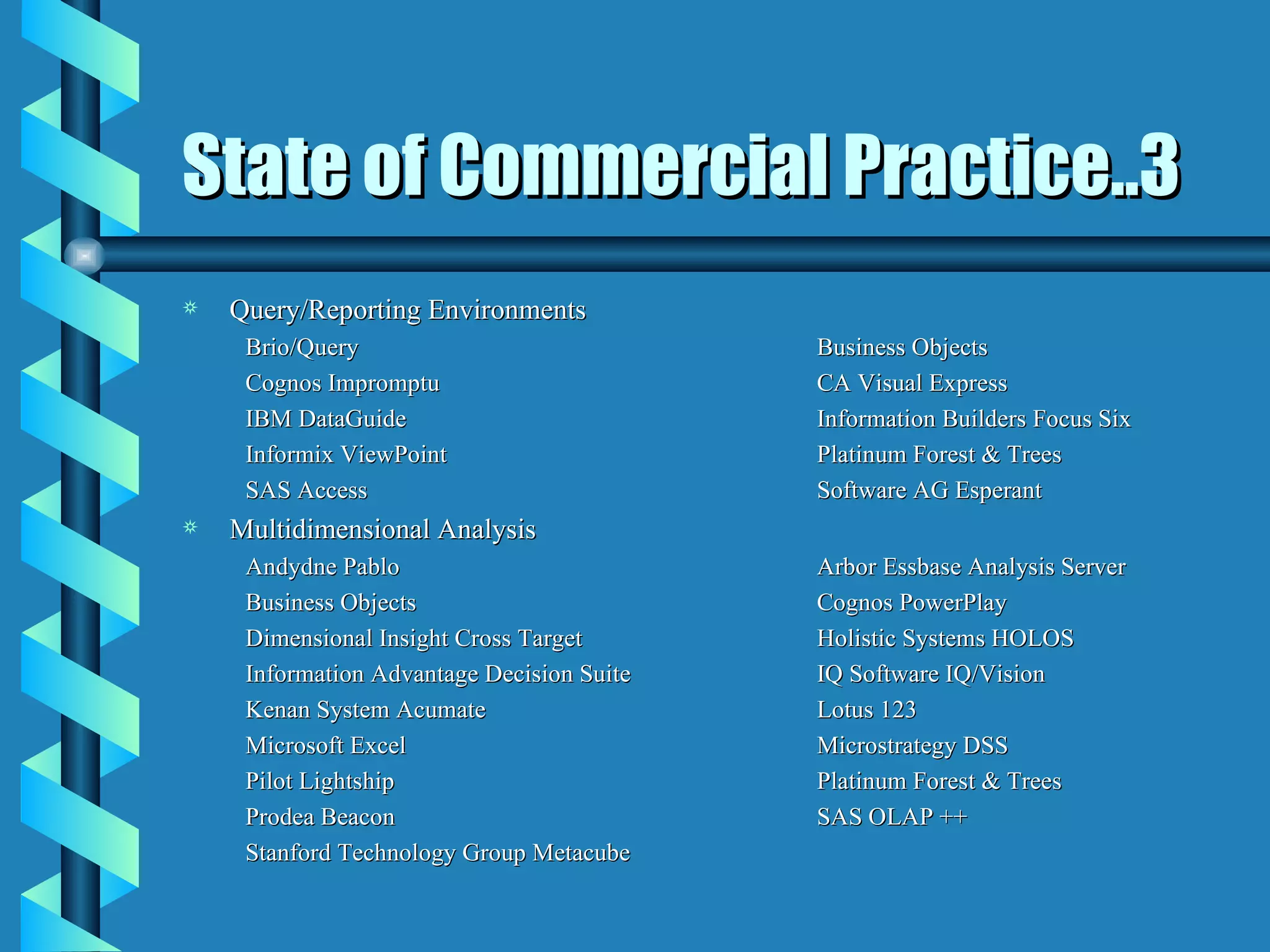 State of Commercial Practice..3 Query/Reporting Environments Brio/Query Business Objects Cognos Impromptu CA Visual Express IBM DataGuide Information Builders Focus Six Informix ViewPoint Platinum Forest & Trees SAS Access Software AG Esperant Multidimensional Analysis Andydne Pablo Arbor Essbase Analysis Server Business Objects Cognos PowerPlay Dimensional Insight Cross Target Holistic Systems HOLOS Information Advantage Decision Suite IQ Software IQ/Vision Kenan System Acumate Lotus 123 Microsoft Excel Microstrategy DSS Pilot Lightship Platinum Forest & Trees Prodea Beacon SAS OLAP ++ Stanford Technology Group Metacube 