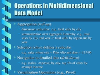 Operations in Multidimensional Data Model Aggregation ( roll-up ) dimension reduction:  e.g., total sales by city summarization over aggregate hierarchy: e.g., total sales by city and year -> total sales by region and by year Selection ( slice ) defines a subcube e.g., sales where city = Palo Alto and date = 1/15/96 Navigation to detailed data ( drill-down ) e.g., (sales - expense) by city, top 3% of cities by average income Visualization Operations (e.g., Pivot) 