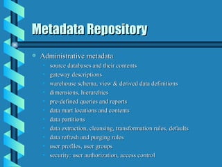 Metadata Repository Administrative metadata source databases and their contents gateway descriptions warehouse schema, view & derived data definitions dimensions, hierarchies pre-defined queries and reports data mart locations and contents data partitions data extraction, cleansing, transformation rules, defaults data refresh and purging rules user profiles, user groups security: user authorization, access control 