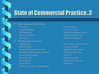 State of Commercial Practice..3 Query/Reporting Environments Brio/Query Business Objects Cognos Impromptu CA Visual Express IBM DataGuide Information Builders Focus Six Informix ViewPoint Platinum Forest & Trees SAS Access Software AG Esperant Multidimensional Analysis Andydne Pablo Arbor Essbase Analysis Server Business Objects Cognos PowerPlay Dimensional Insight Cross Target Holistic Systems HOLOS Information Advantage Decision Suite IQ Software IQ/Vision Kenan System Acumate Lotus 123 Microsoft Excel Microstrategy DSS Pilot Lightship Platinum Forest & Trees Prodea Beacon SAS OLAP ++ Stanford Technology Group Metacube 