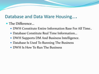 Database and Data Ware Housing….
 The Difference…
 DWH Constitute Entire Information Base For All Time..
 Database Constitute Real Time Information…
 DWH Supports DM And Business Intelligence.
 Database Is Used To Running The Business
 DWH Is How To Run The Business
 