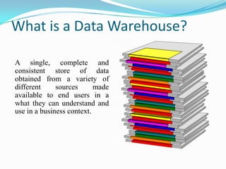 What is a Data Warehouse?
A single, complete and
consistent store of data
obtained from a variety of
different sources made
available to end users in a
what they can understand and
use in a business context.
 