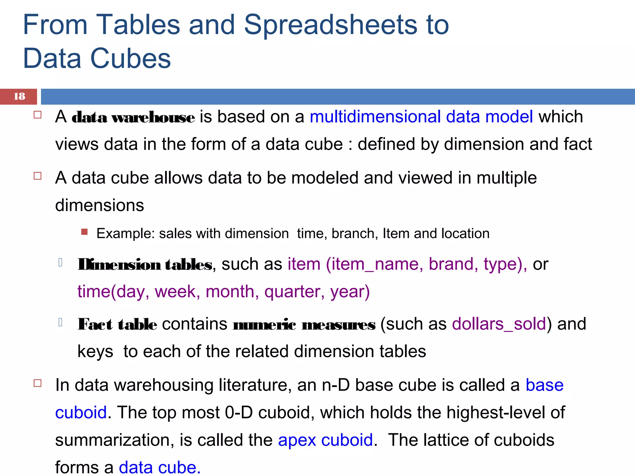 From Tables and Spreadsheets to
Data Cubes
18


A data warehouse is based on a multidimensional data model which
views data in the form of a data cube : defined by dimension and fact



A data cube allows data to be modeled and viewed in multiple
dimensions




Example: sales with dimension time, branch, Item and location

Dimension tables, such as item (item_name, brand, type), or
time(day, week, month, quarter, year)



Fact table contains numeric measures (such as dollars_sold) and
keys to each of the related dimension tables



In data warehousing literature, an n-D base cube is called a base
cuboid. The top most 0-D cuboid, which holds the highest-level of
summarization, is called the apex cuboid. The lattice of cuboids
forms a data cube.

 