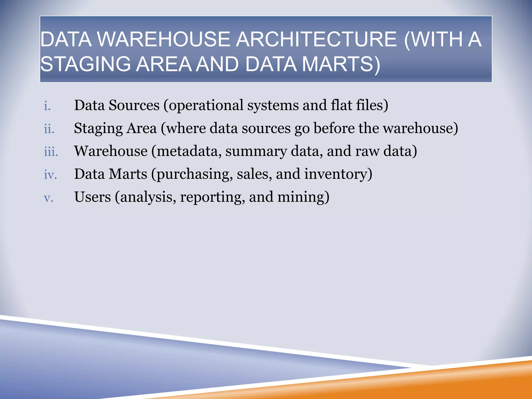 i. Data Sources (operational systems and flat files)
ii. Staging Area (where data sources go before the warehouse)
iii. Warehouse (metadata, summary data, and raw data)
iv. Data Marts (purchasing, sales, and inventory)
v. Users (analysis, reporting, and mining)
DATA WAREHOUSE ARCHITECTURE (WITH A
STAGING AREA AND DATA MARTS)
 