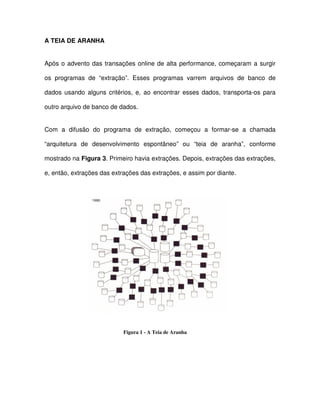 A TEIA DE ARANHA  
Após o advento das  transações online de alta performance, começaram a surgir  
os  programas  de  “extração”.  Esses  programas  varrem  arquivos  de  banco  de  
dados  usando  alguns  critérios,  e,  ao  encontrar  esses  dados,  transporta-os  para  
outro arquivo de banco de dados.  
Com  a  difusão  do  programa  de  extração,  começou  a  formar-se  a  chamada  
“arquitetura  de  desenvolvimento  espontâneo”  ou  “teia  de  aranha”,  conforme  
mostrado na Figura 3. Primeiro havia extrações. Depois, extrações das extrações,  
e, então, extrações das extrações das extrações, e assim por diante.  
  
Figura 1 - A Teia de Aranha  
 