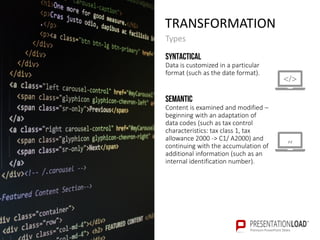 TRANSFORMATION
Syntactical
Data is customized in a particular
format (such as the date format).
Semantic
Content is examined and modified –
beginning with an adaptation of
data codes (such as tax control
characteristics: tax class 1, tax
allowance 2000 -> C1/ A2000) and
continuing with the accumulation of
additional information (such as an
internal identification number).
Types
 