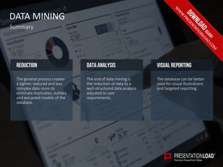 DATA MINING
Summary
The general process creates
a tighter, reduced and less
complex data room to
eliminate duplicates, outliers
and extracted models of the
database.
Reduction Data analysis Visual REPORTING
The end of data mining is
the reduction of data to a
well-structured data analysis
adjusted to user
requirements.
The database can be better
used for visual illustrations
and targeted reporting.
 