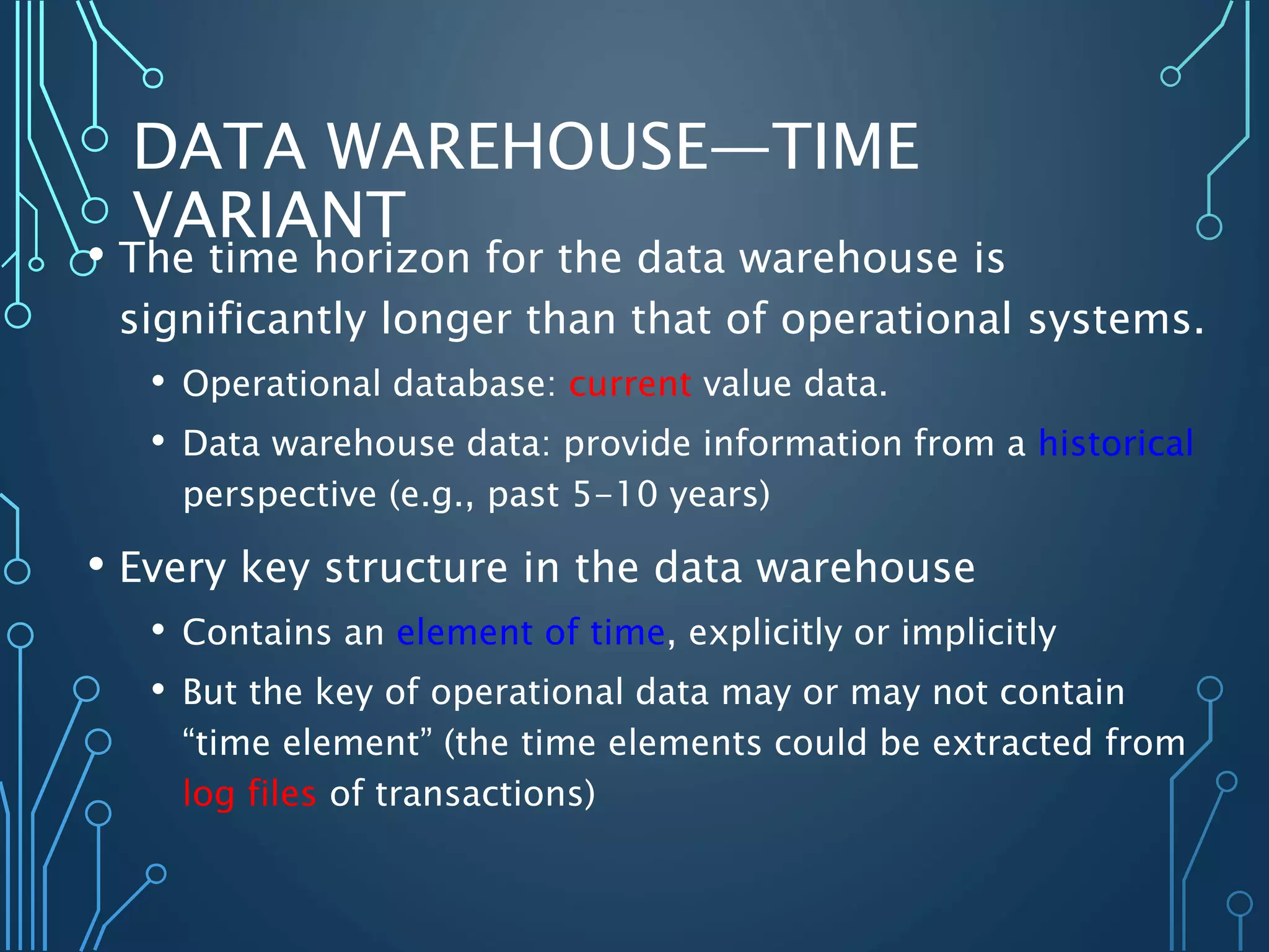 DATA WAREHOUSE—TIME
VARIANT
• The time horizon for the data warehouse is
significantly longer than that of operational systems.
• Operational database: current value data.
• Data warehouse data: provide information from a historical
perspective (e.g., past 5-10 years)
• Every key structure in the data warehouse
• Contains an element of time, explicitly or implicitly
• But the key of operational data may or may not contain
“time element” (the time elements could be extracted from
log files of transactions)
 