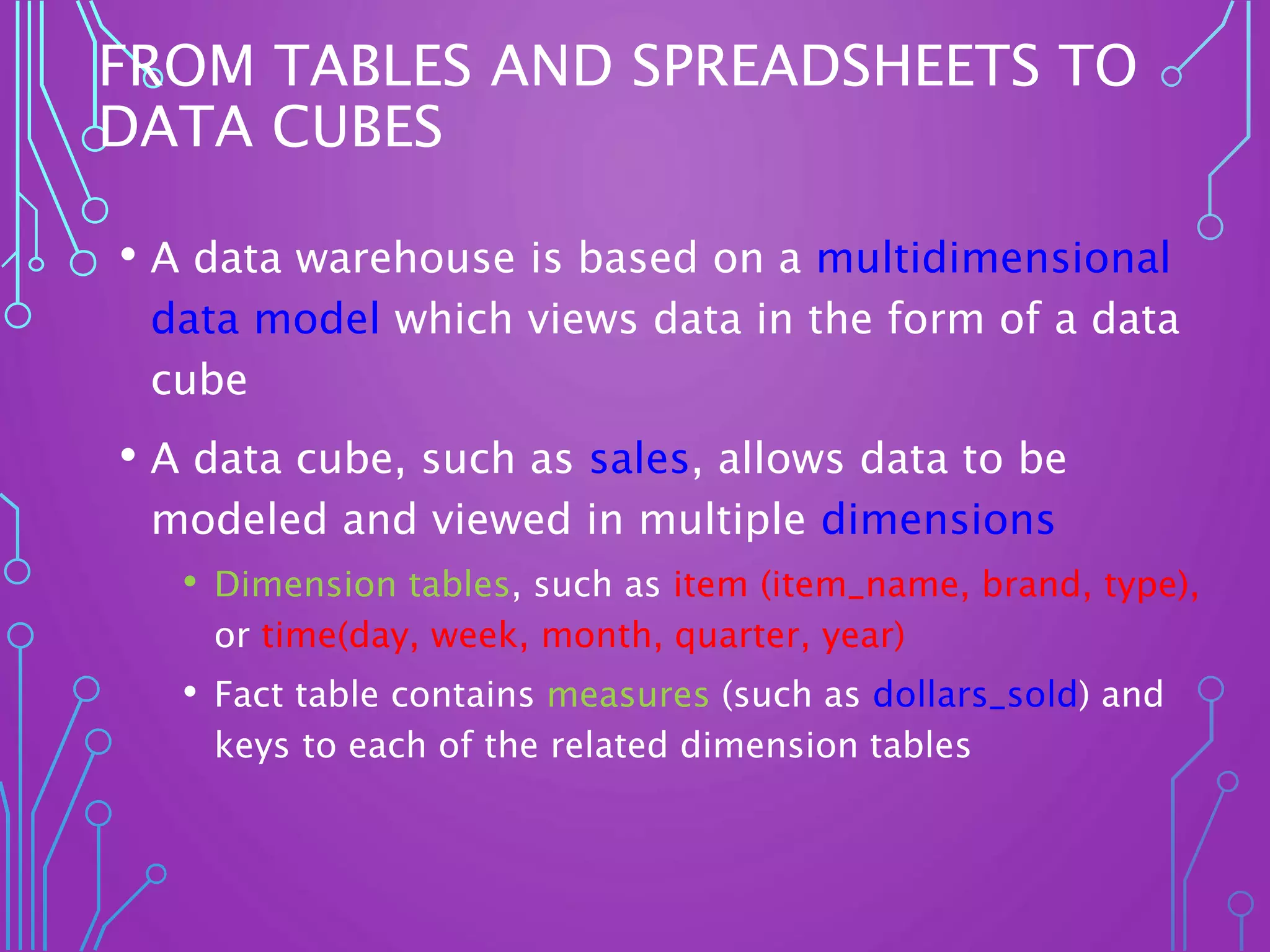 FROM TABLES AND SPREADSHEETS TO
DATA CUBES
• A data warehouse is based on a multidimensional
data model which views data in the form of a data
cube
• A data cube, such as sales, allows data to be
modeled and viewed in multiple dimensions
• Dimension tables, such as item (item_name, brand, type),
or time(day, week, month, quarter, year)
• Fact table contains measures (such as dollars_sold) and
keys to each of the related dimension tables
 