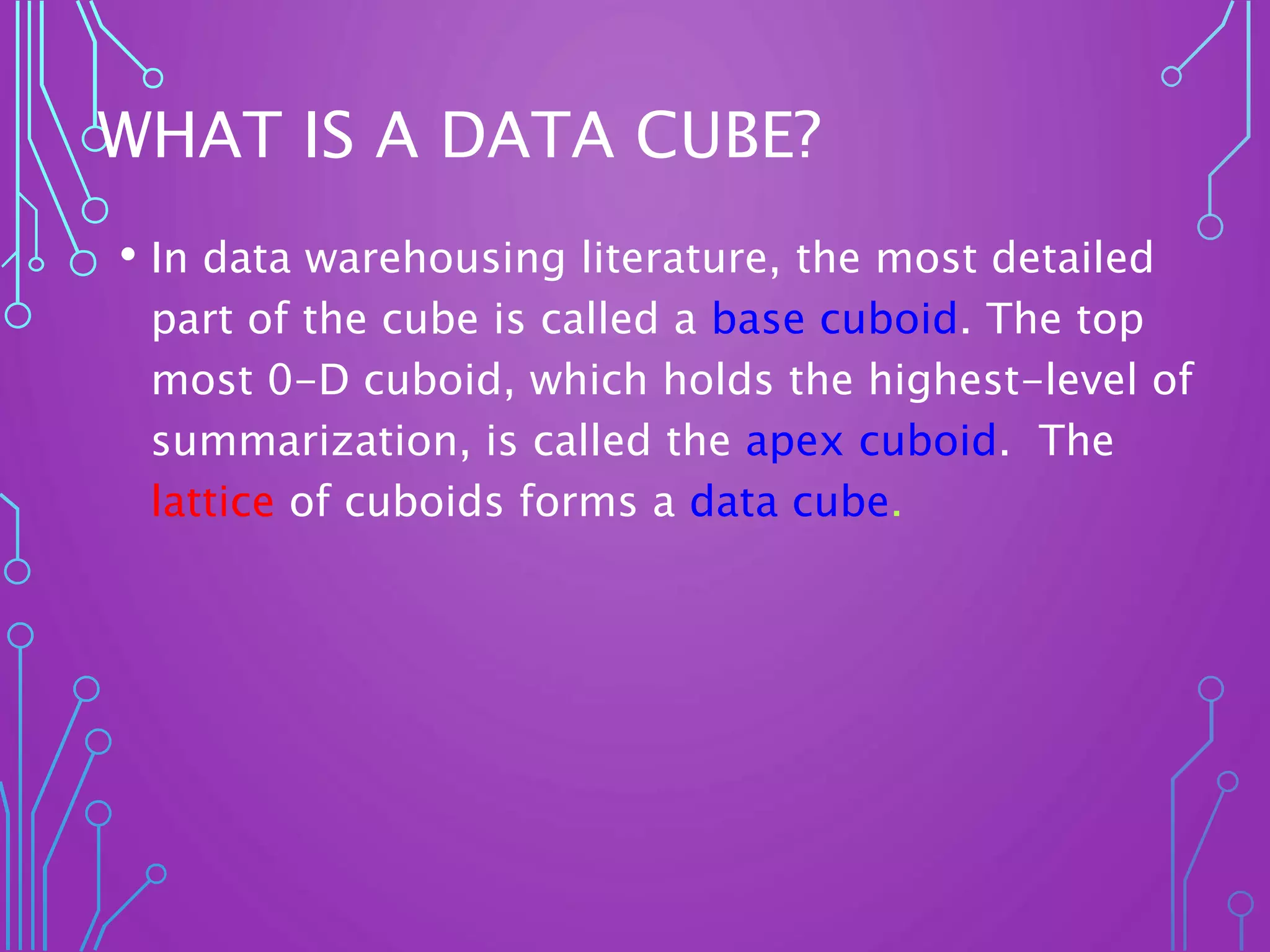WHAT IS A DATA CUBE?
• In data warehousing literature, the most detailed
part of the cube is called a base cuboid. The top
most 0-D cuboid, which holds the highest-level of
summarization, is called the apex cuboid. The
lattice of cuboids forms a data cube.
 