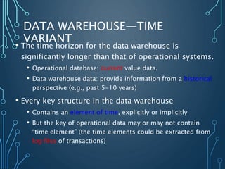DATA WAREHOUSE—TIME
VARIANT
• The time horizon for the data warehouse is
significantly longer than that of operational systems.
• Operational database: current value data.
• Data warehouse data: provide information from a historical
perspective (e.g., past 5-10 years)
• Every key structure in the data warehouse
• Contains an element of time, explicitly or implicitly
• But the key of operational data may or may not contain
“time element” (the time elements could be extracted from
log files of transactions)
 
