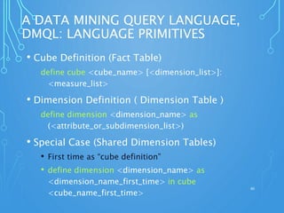 A DATA MINING QUERY LANGUAGE,
DMQL: LANGUAGE PRIMITIVES
• Cube Definition (Fact Table)
define cube <cube_name> [<dimension_list>]:
<measure_list>
• Dimension Definition ( Dimension Table )
define dimension <dimension_name> as
(<attribute_or_subdimension_list>)
• Special Case (Shared Dimension Tables)
• First time as “cube definition”
• define dimension <dimension_name> as
<dimension_name_first_time> in cube
<cube_name_first_time>
40
 