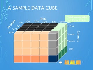 A SAMPLE DATA CUBE
49
Total annual sales
of TV in U.S.A.Date
Country
sum
sum
TV
VCR
PC
1Qtr 2Qtr 3Qtr 4Qtr
U.S.A
Canada
Mexico
sum
 