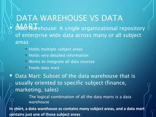 DATA WAREHOUSE VS DATA
MART Data Warehouse: A single organizational repository
of enterprise wide data across many or all subject
areas
 Holds multiple subject areas
 Holds very detailed information
 Works to integrate all data sources
 Feeds data mart
 Data Mart: Subset of the data warehouse that is
usually oriented to specific subject (finance,
marketing, sales)
• The logical combination of all the data marts is a data
warehouse
In short, a data warehouse as contains many subject areas, and a data mart
contains just one of those subject areas
 