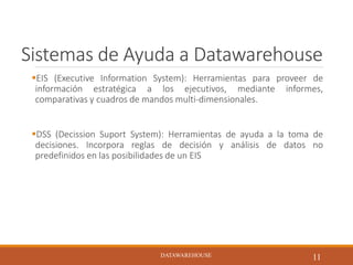 Sistemas de Ayuda a Datawarehouse
EIS (Executive Information System): Herramientas para proveer de
información estratégica a los ejecutivos, mediante informes,
comparativas y cuadros de mandos multi-dimensionales.
DSS (Decission Suport System): Herramientas de ayuda a la toma de
decisiones. Incorpora reglas de decisión y análisis de datos no
predefinidos en las posibilidades de un EIS
DATAWAREHOUSE
11DATAWAREHOUSE
 
