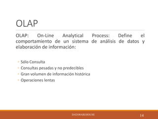 OLAP
OLAP: On-Line Analytical Process: Define el
comportamiento de un sistema de análisis de datos y
elaboración de información:
◦ Sólo Consulta
◦ Consultas pesadas y no predecibles
◦ Gran volumen de información histórica
◦ Operaciones lentas
DATAWAREHOUSE
14DATAWAREHOUSE
 