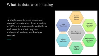 A single, complete and consistent
store of data obtained from a variety
of different sources made available to
end users in a what they can
understand and use in a business
context.
What is data warehousing
 